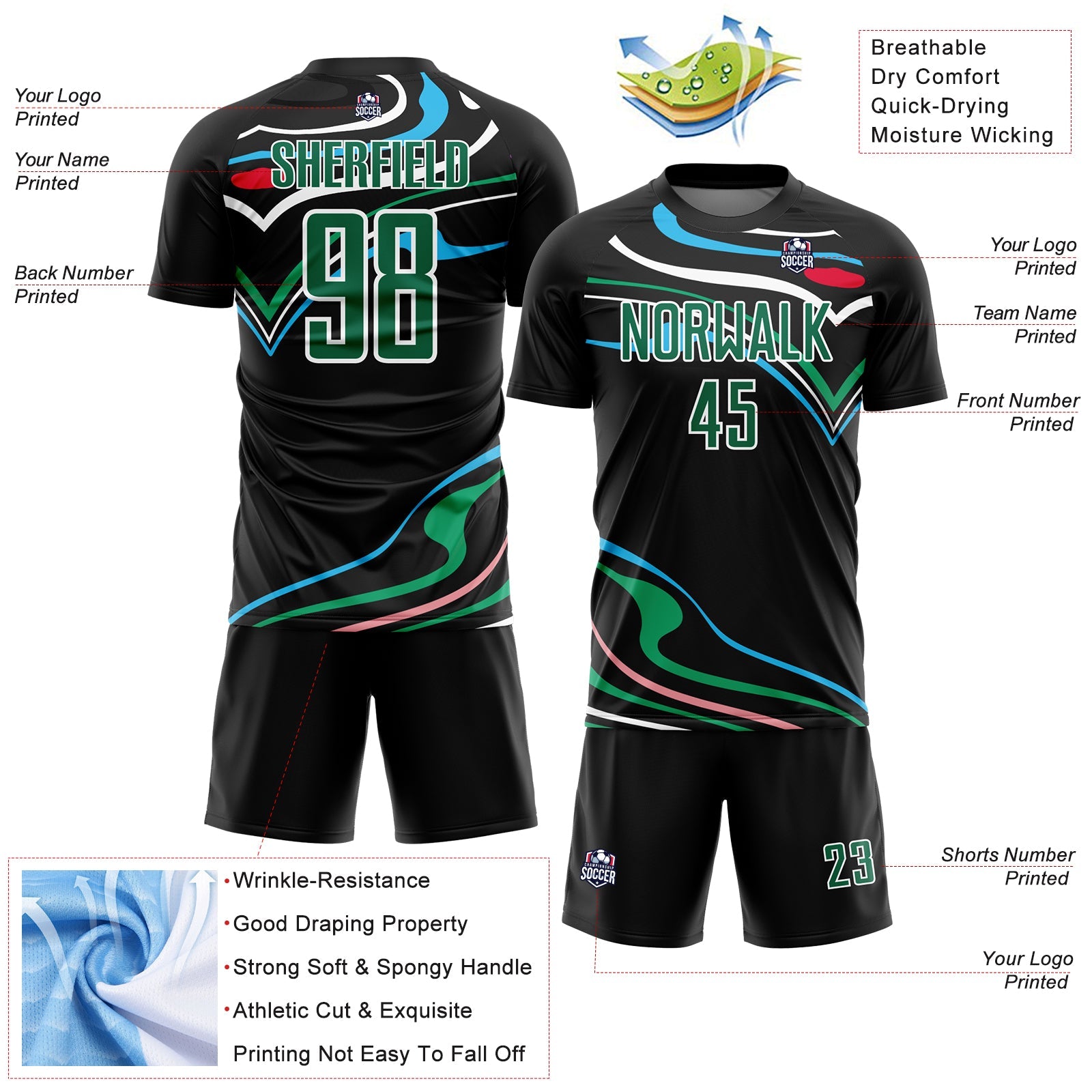 Custom Black Kelly Green-White Fluid Shapes Sublimation Soccer Uniform Jersey - Sky-Custom