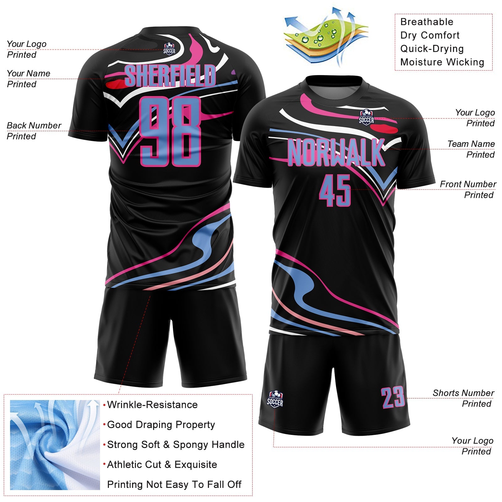 Custom Black Light Blue-Pink Fluid Shapes Sublimation Soccer Uniform Jersey - Sky-Custom