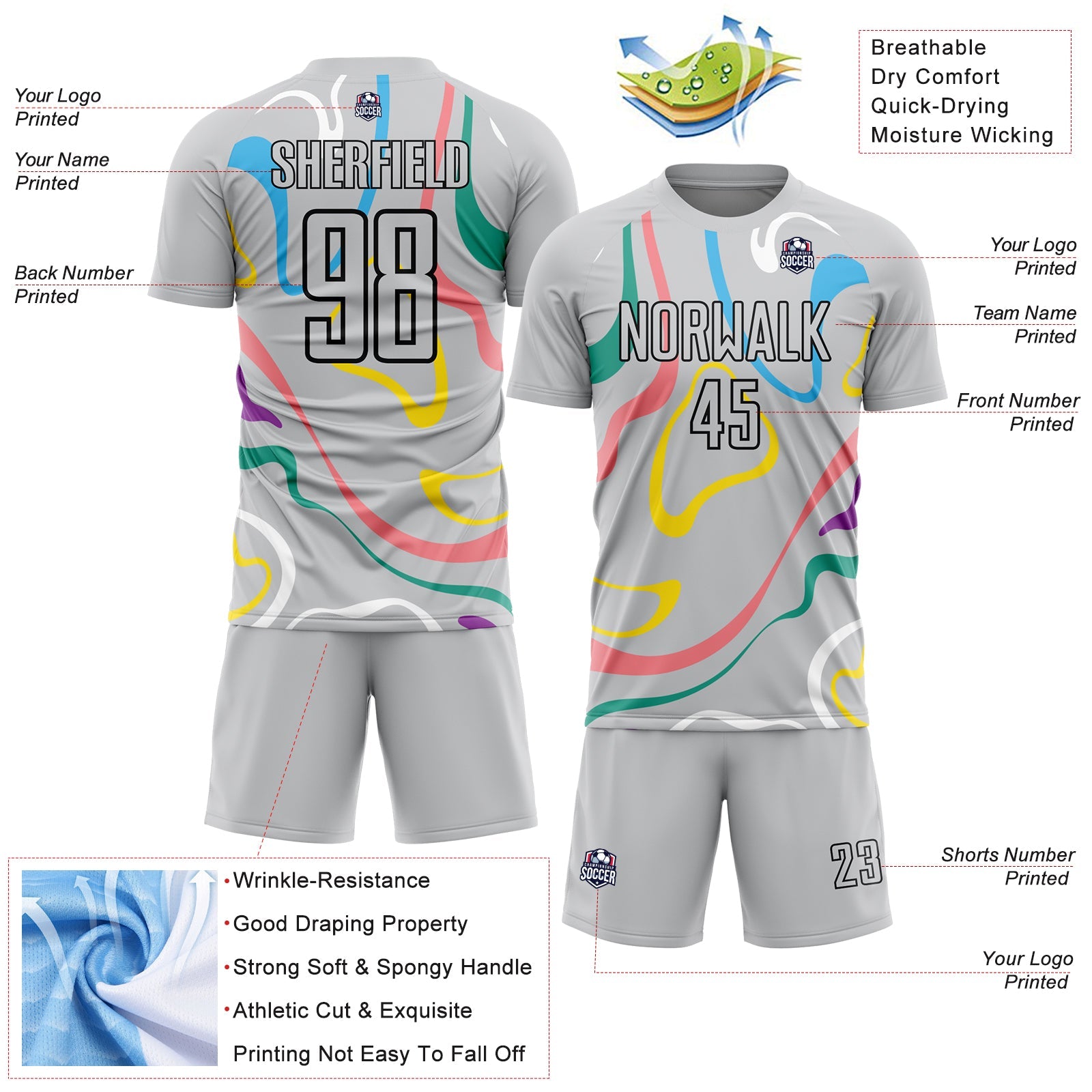 Custom Gray Black Fluid Shapes Sublimation Soccer Uniform Jersey - Sky-Custom