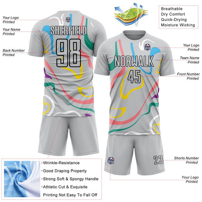 Custom Gray Black Fluid Shapes Sublimation Soccer Uniform Jersey - Sky-Custom