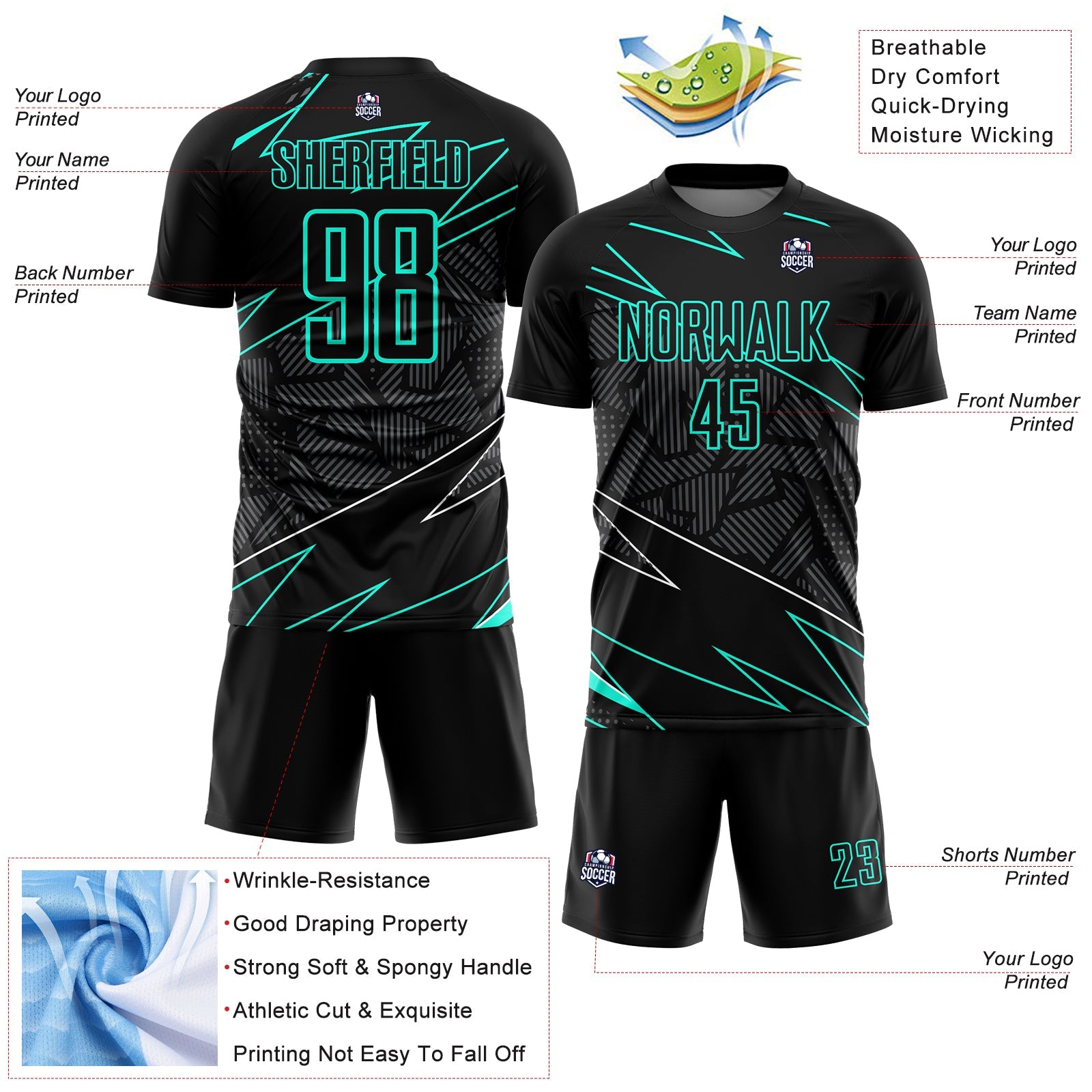 Custom Black Aqua Lines Sublimation Soccer Uniform Jersey - Sky-Custom