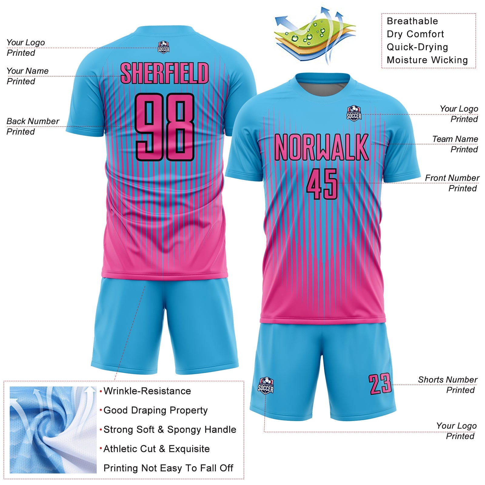 Custom Sky Blue Pink-Black Lines Sublimation Soccer Uniform Jersey - Sky-Custom