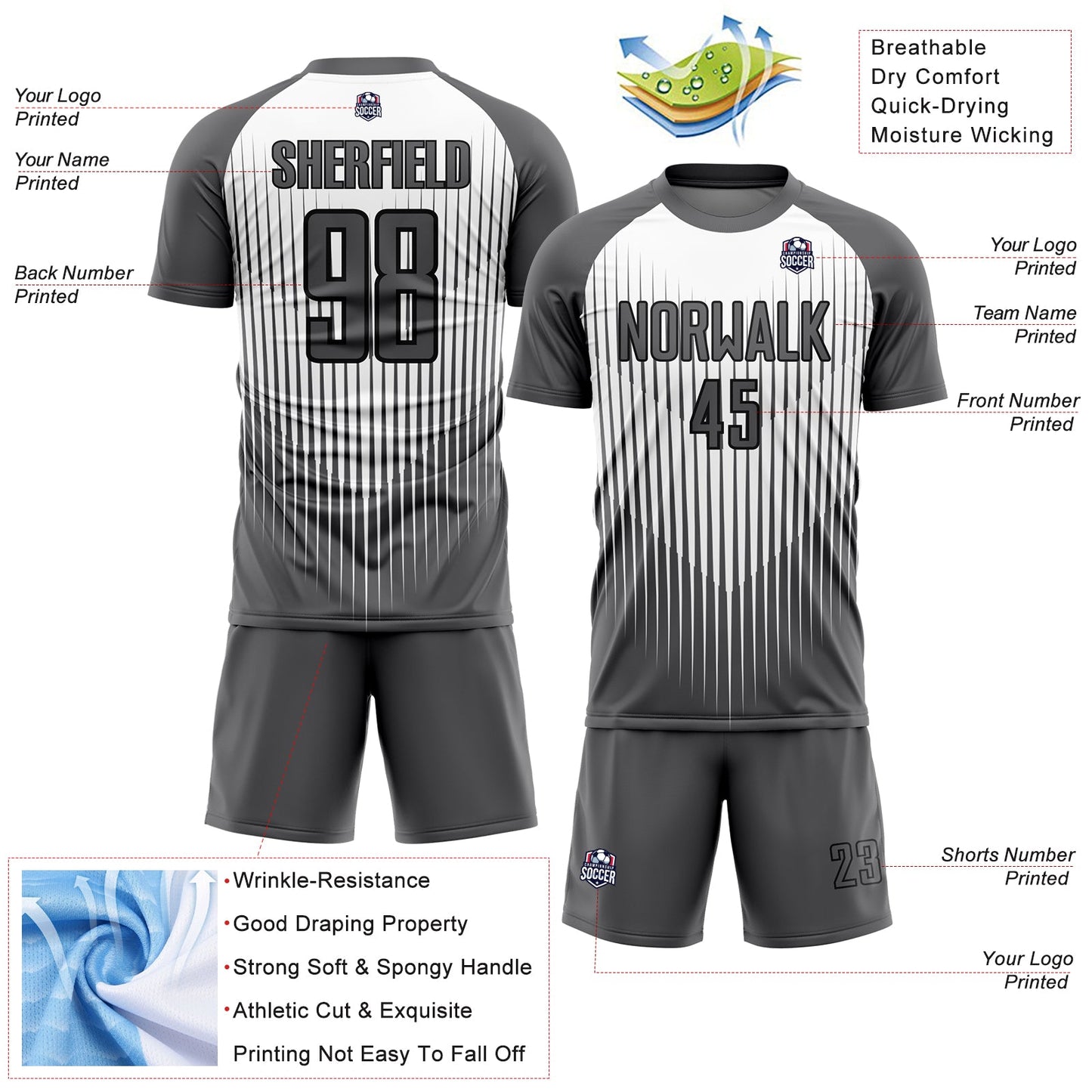 Custom Gray White-Black Lines Sublimation Soccer Uniform Jersey - Sky-Custom