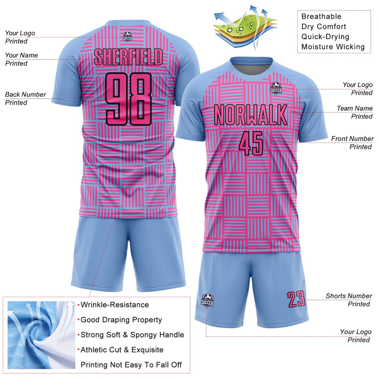 Custom Light Blue Pink-Black Lines Sublimation Soccer Uniform Jersey - Sky-Custom