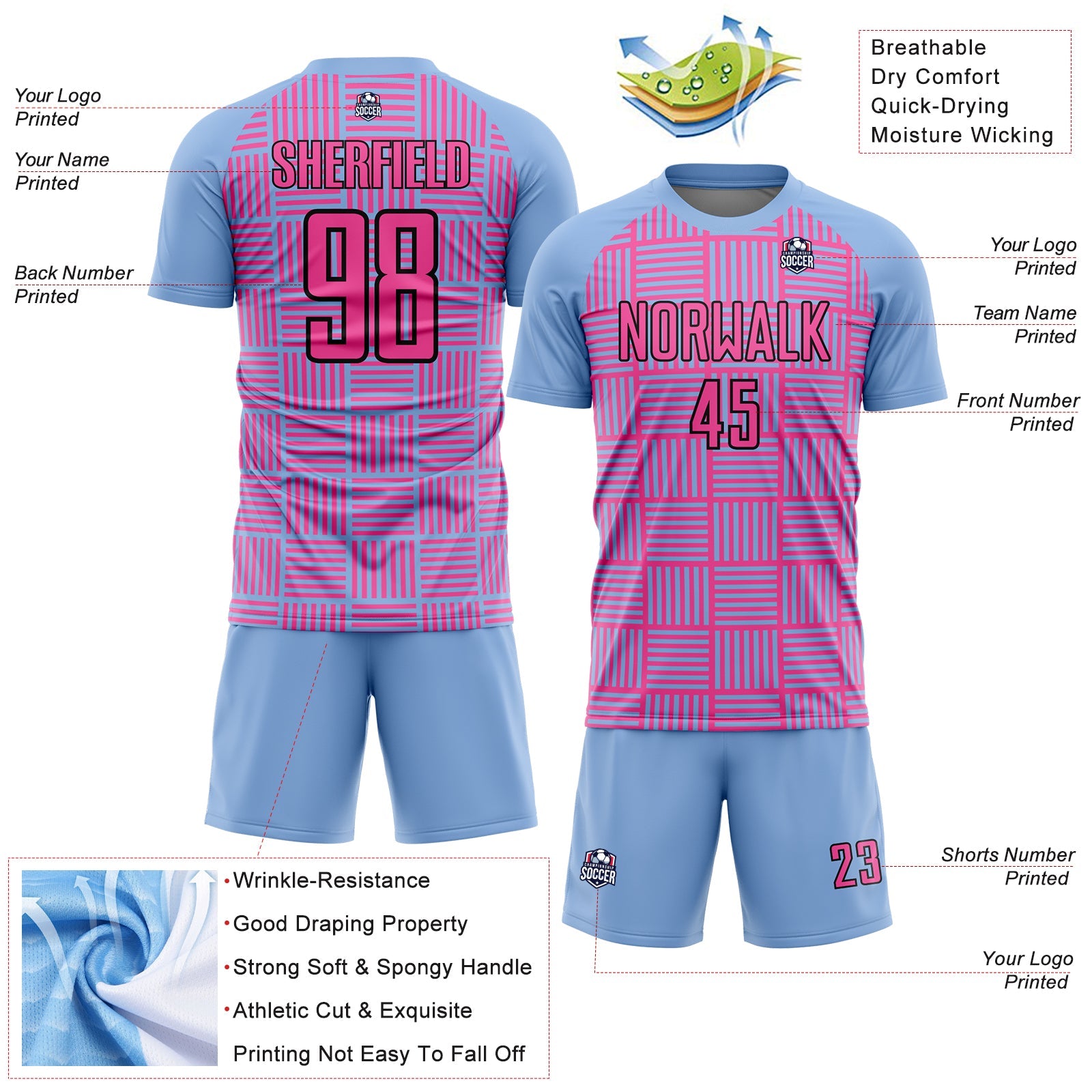 Custom Light Blue Pink-Black Lines Sublimation Soccer Uniform Jersey - Sky-Custom