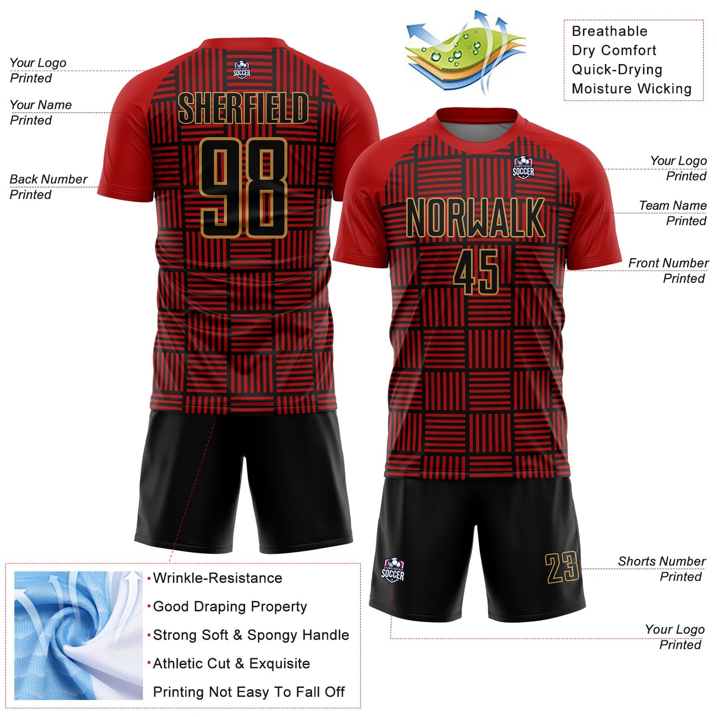 Custom Red Black-Old Gold Lines Sublimation Soccer Uniform Jersey - Sky-Custom