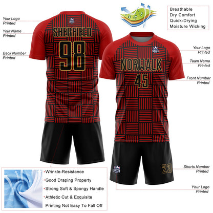 Custom Red Black-Old Gold Lines Sublimation Soccer Uniform Jersey - Sky-Custom