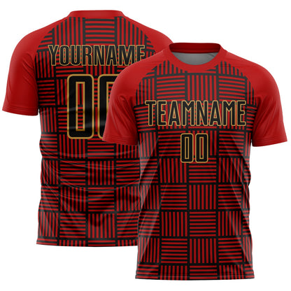 Custom Red Black-Old Gold Lines Sublimation Soccer Uniform Jersey - Sky-Custom