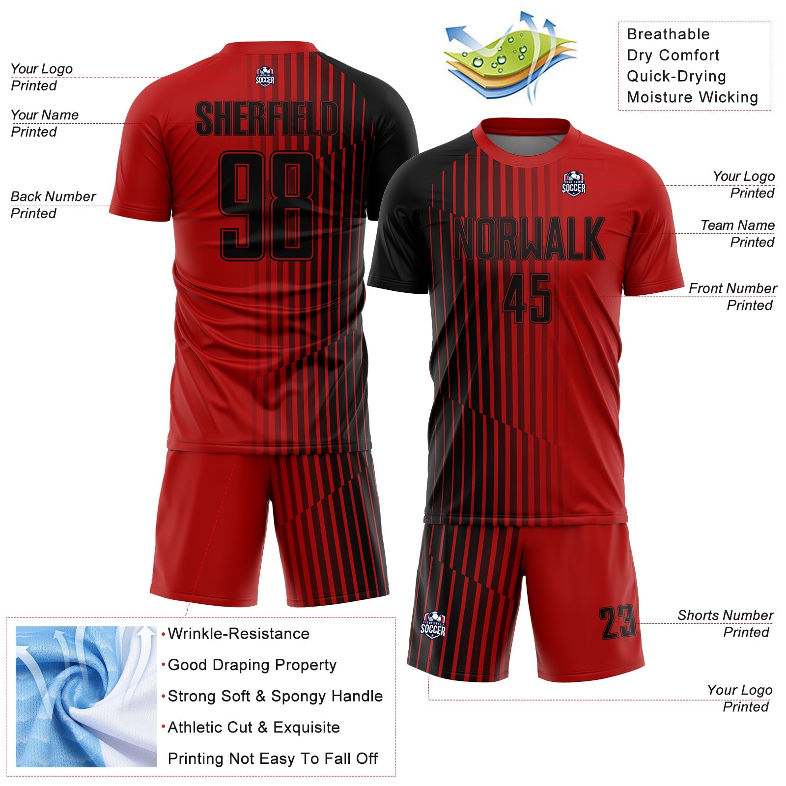Custom Red Black Lines Sublimation Soccer Uniform Jersey - Sky-Custom