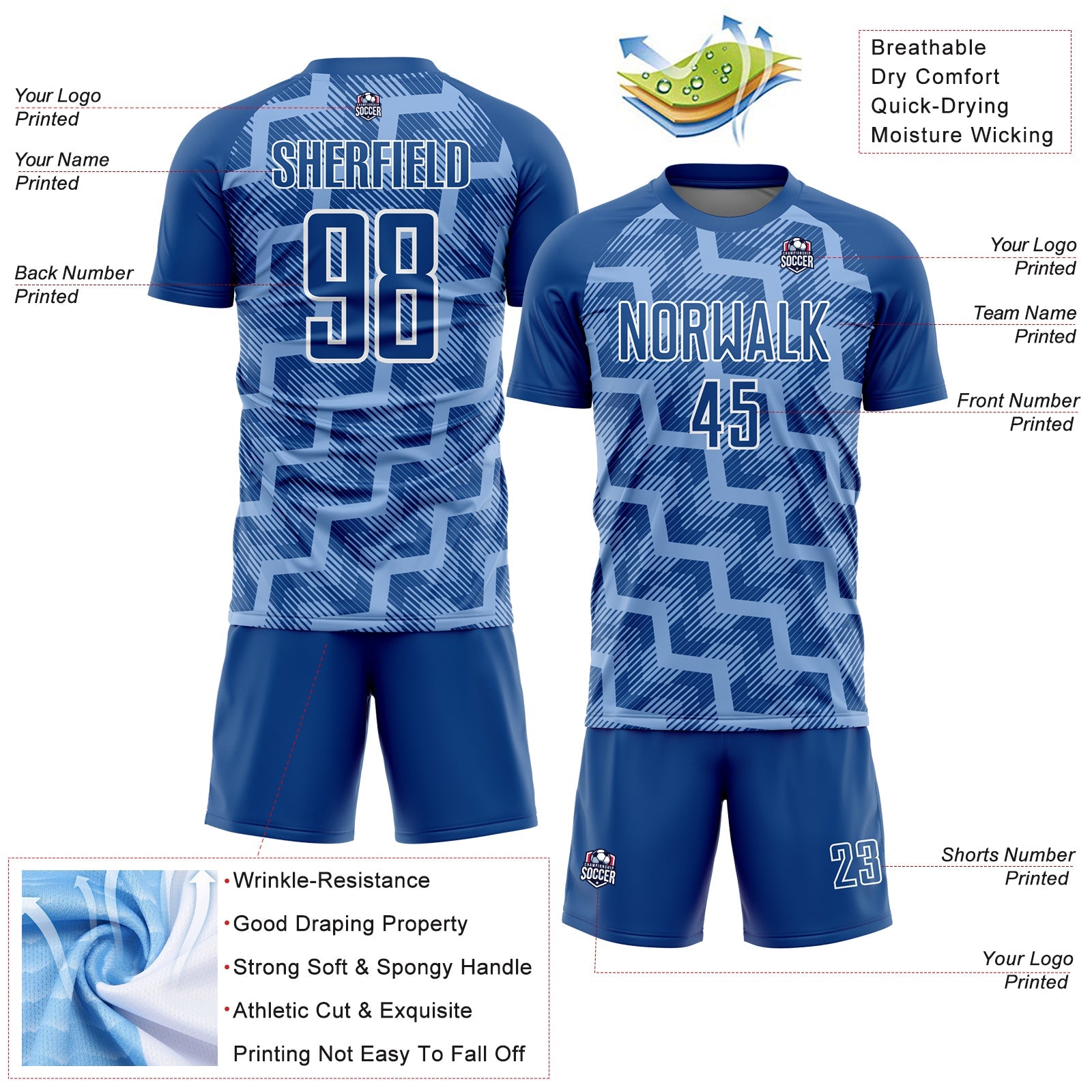 Custom Royal Light Blue-White Lines Sublimation Soccer Uniform Jersey - Sky-Custom