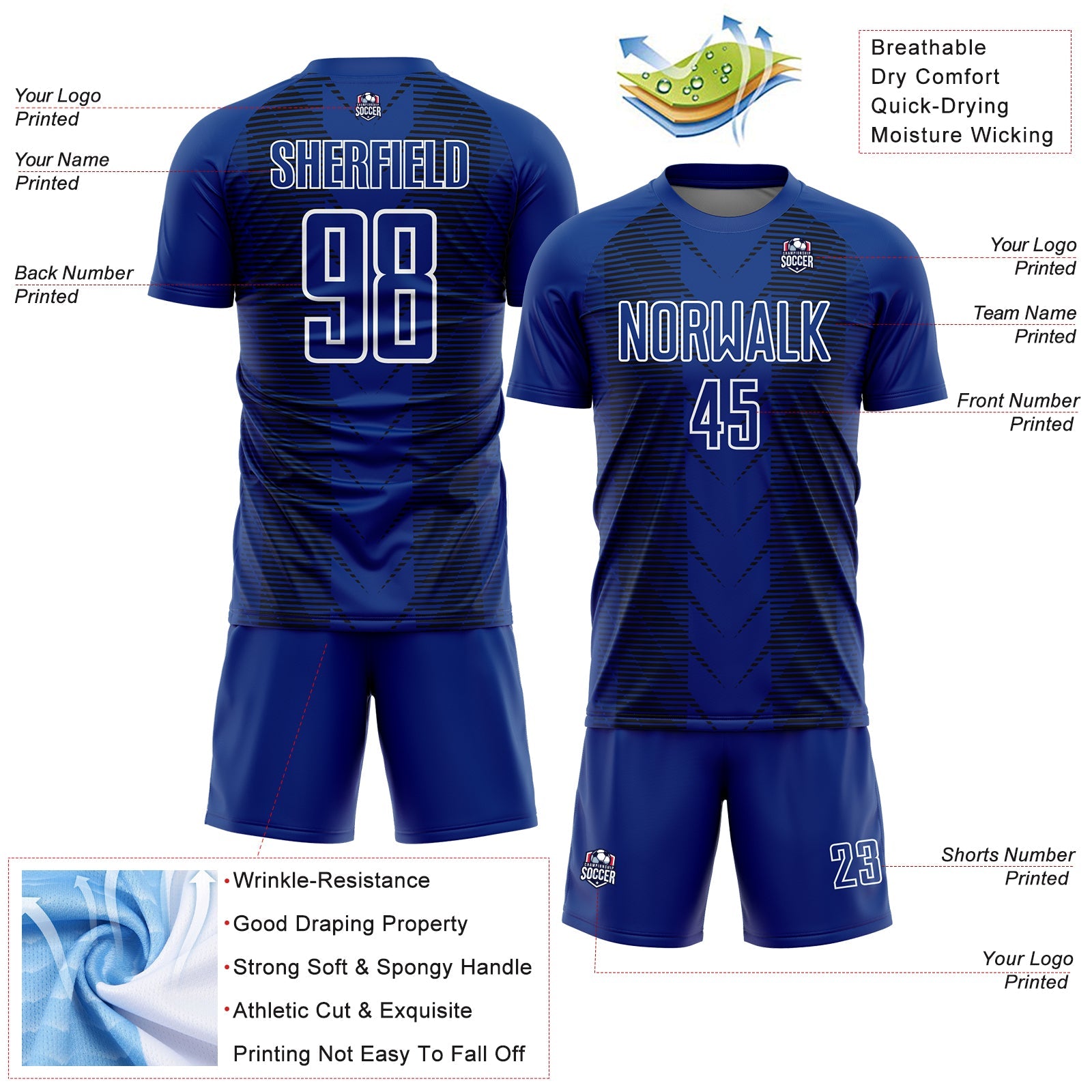 Custom US Navy Blue Black-White Lines Sublimation Soccer Uniform Jersey - Sky-Custom