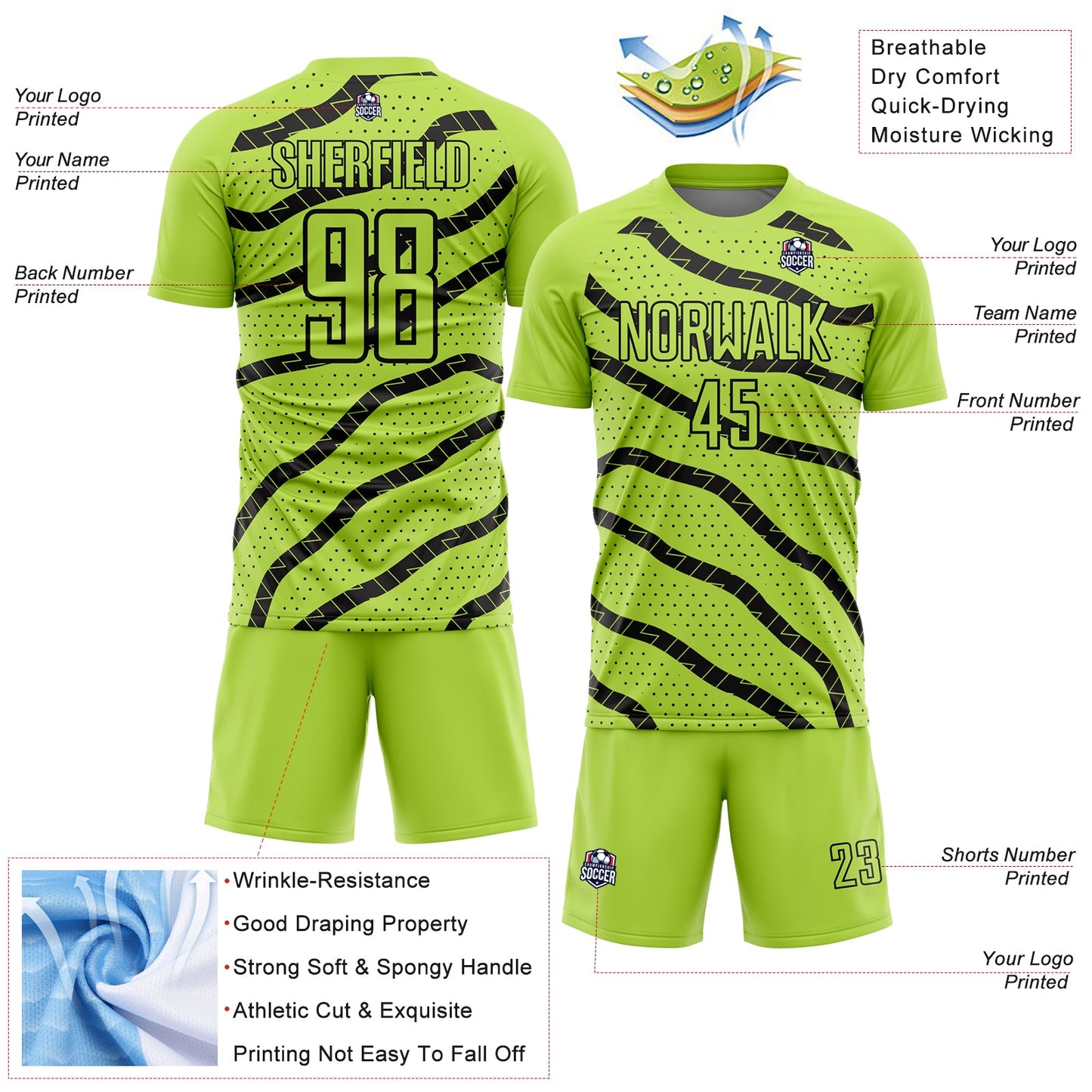Custom Neon Green Black Lines And Dots Sublimation Soccer Uniform Jersey - Sky-Custom