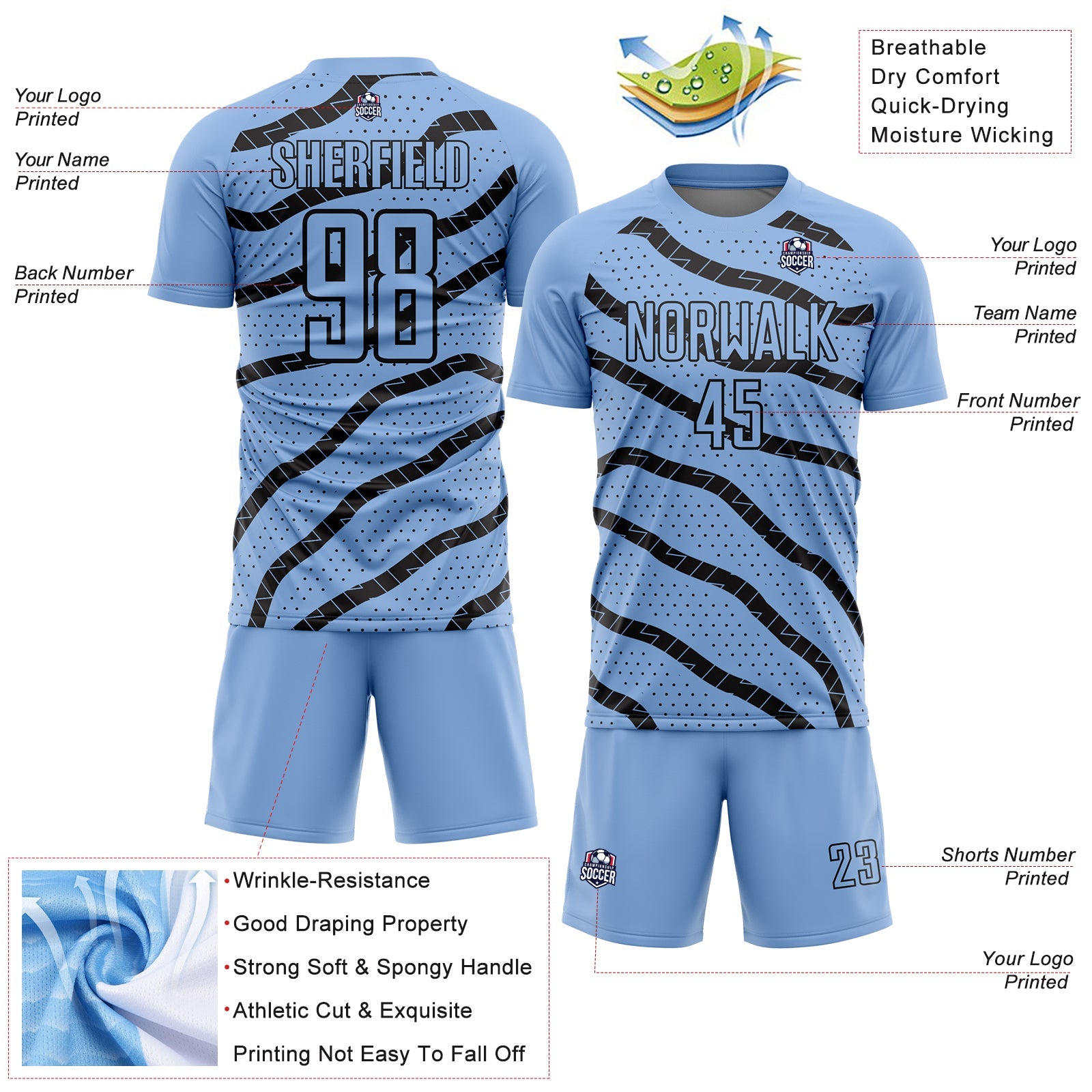 Custom Light Blue Black Lines And Dots Sublimation Soccer Uniform Jersey - Sky-Custom