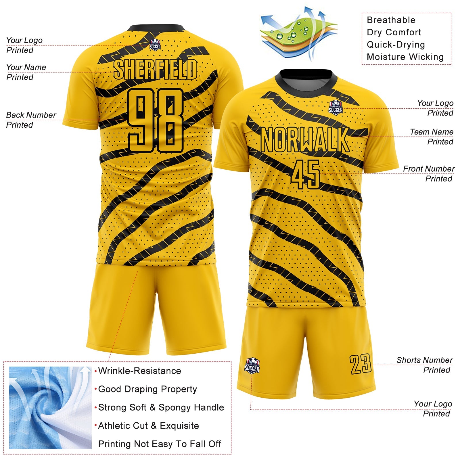 Custom Yellow Black Lines And Dots Sublimation Soccer Uniform Jersey - Sky-Custom
