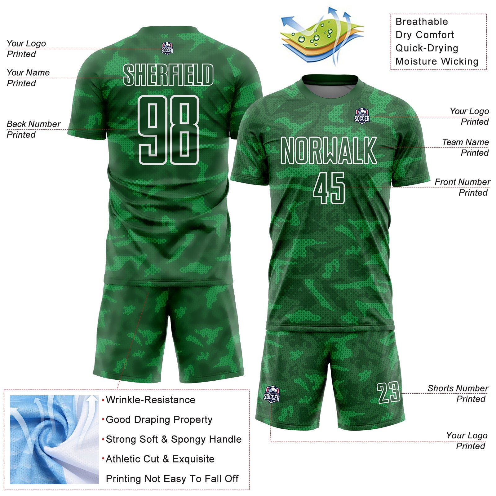 Custom Kelly Green White Geometric Shapes Sublimation Soccer Uniform Jersey - Sky-Custom