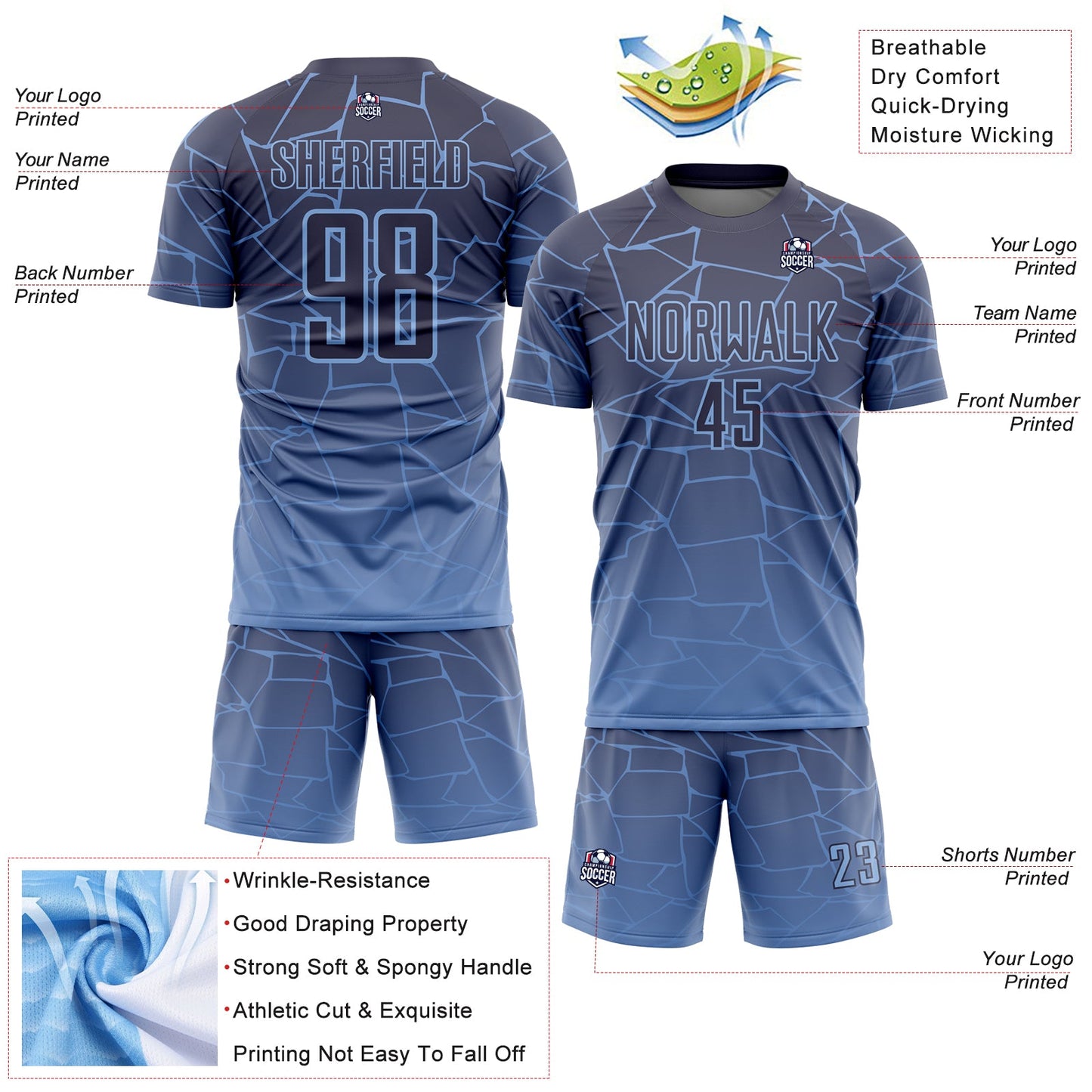 Custom Light Blue Gray Lines Sublimation Soccer Uniform Jersey - Sky-Custom