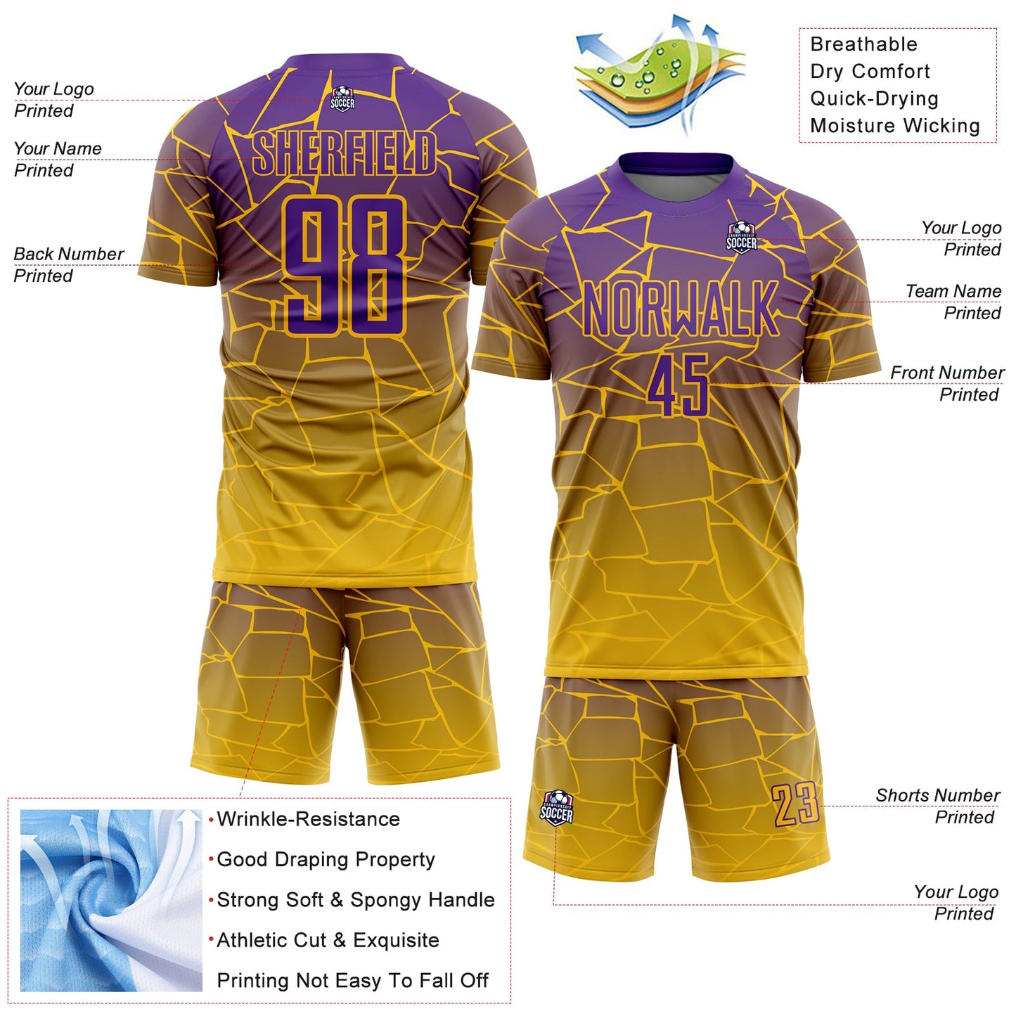 Custom Gold Purple Lines Sublimation Soccer Uniform Jersey - Sky-Custom