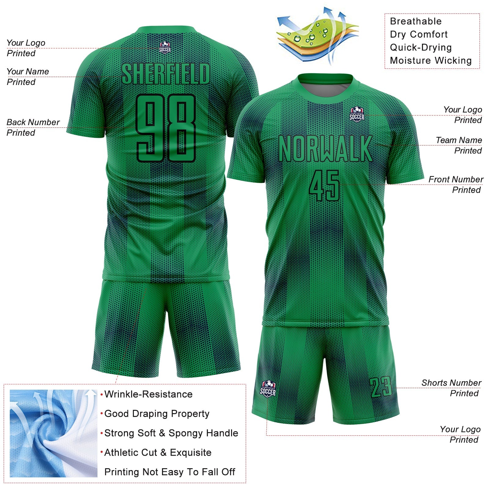Custom Kelly Green Black Geometric Shapes Sublimation Soccer Uniform Jersey - Sky-Custom
