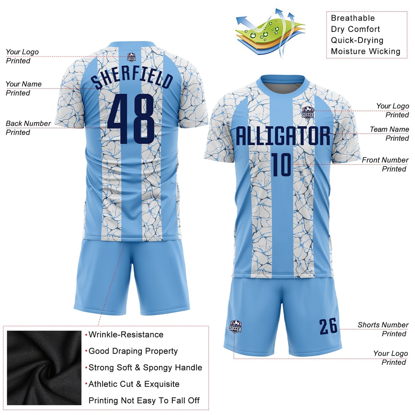 Custom Light Blue Navy-White Sublimation Soccer Uniform Jersey - Sky-Custom