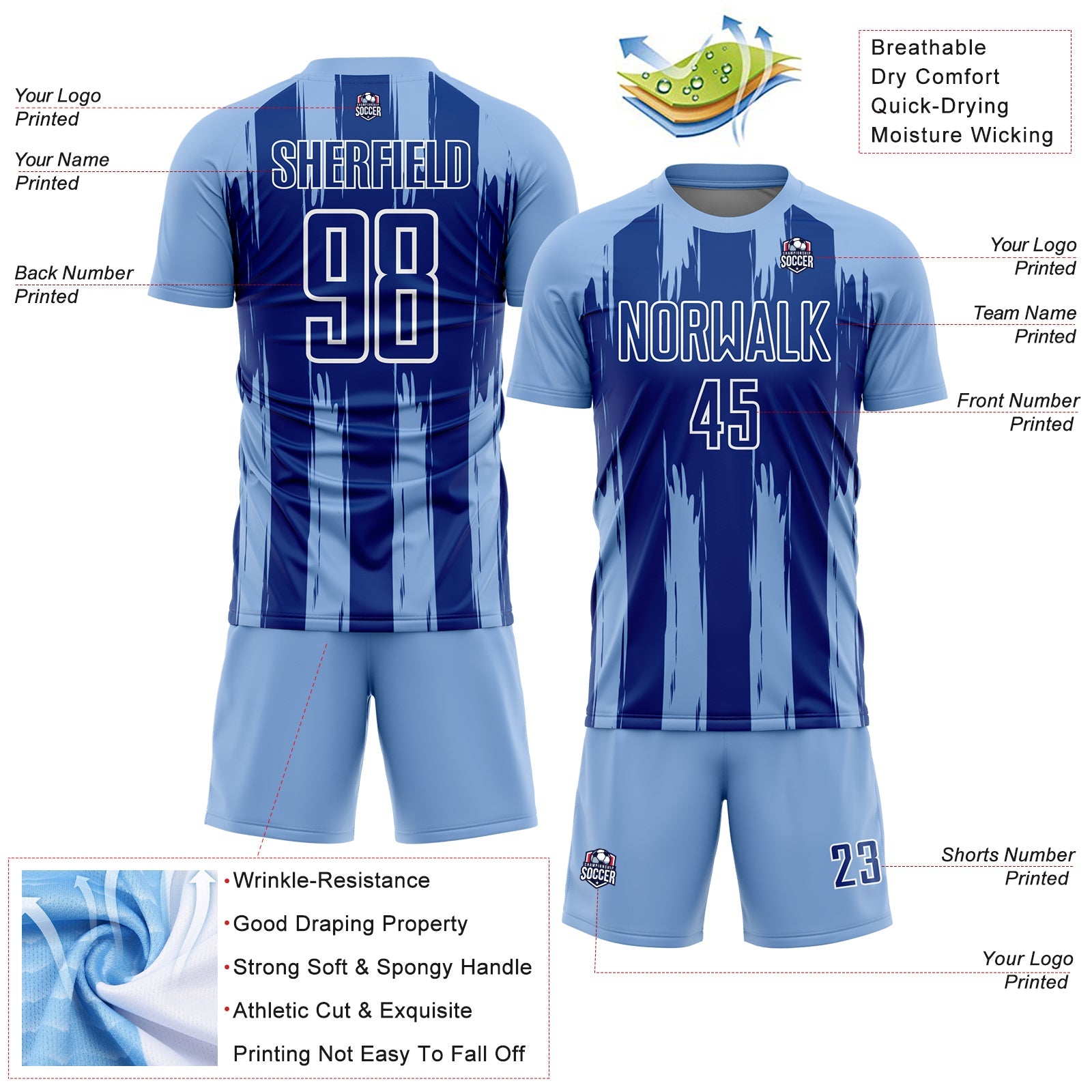Custom Light Blue Royal-White Abstract Stripes Sublimation Soccer Uniform Jersey - Sky-Custom