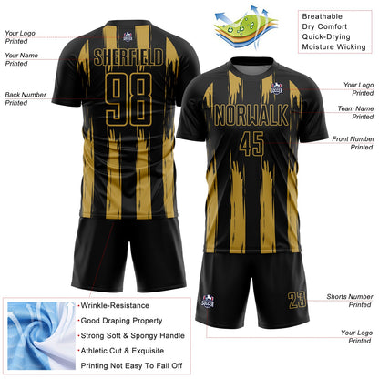 Custom Black Old Gold Abstract Stripes Sublimation Soccer Uniform Jersey - Sky-Custom