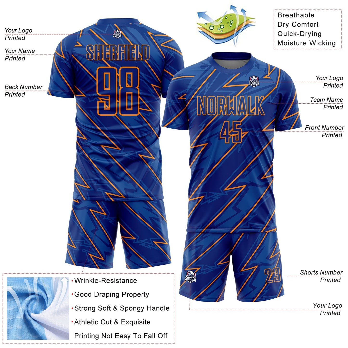 Custom Royal Bay Orange Lightning Sublimation Soccer Uniform Jersey - Sky-Custom