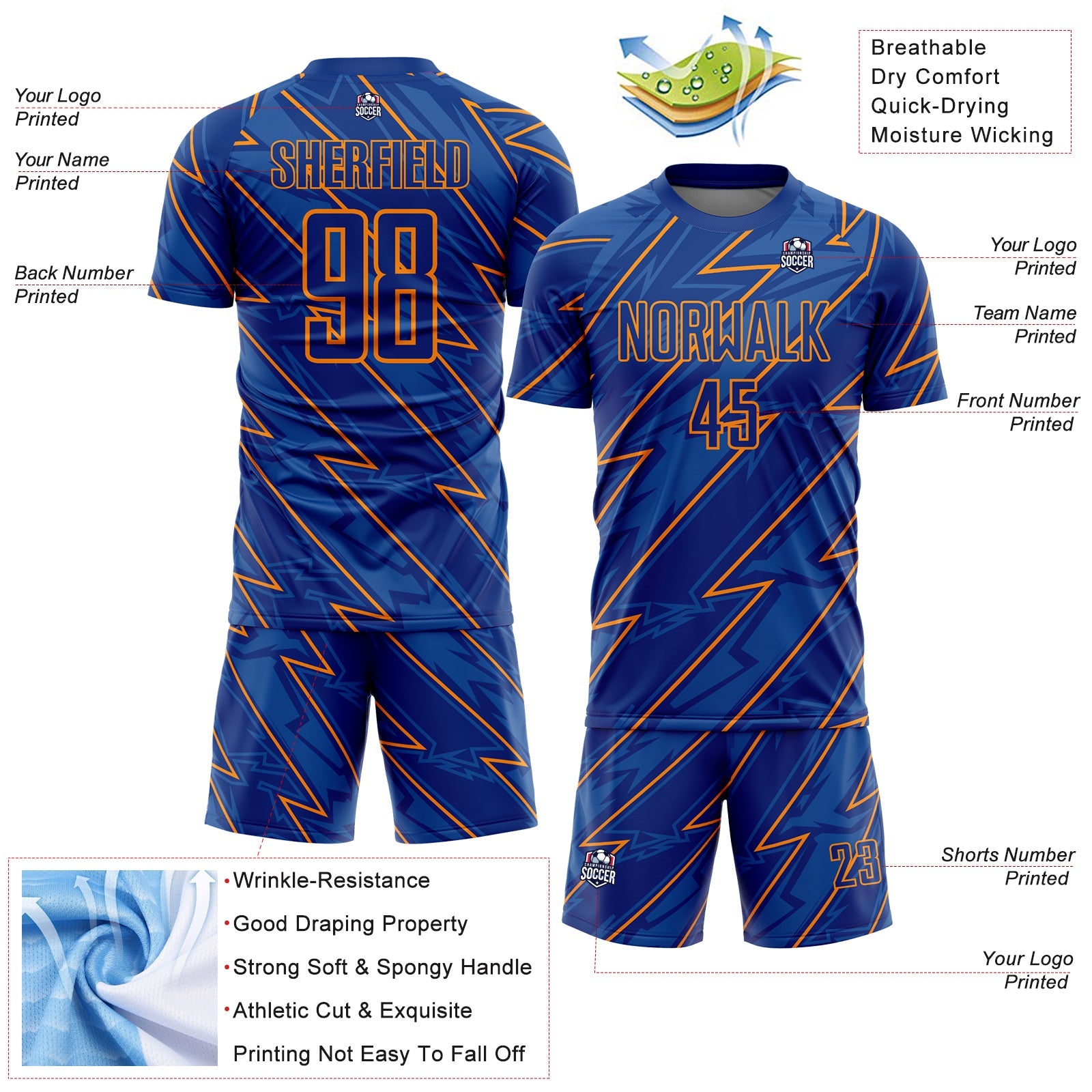 Custom Royal Bay Orange Lightning Sublimation Soccer Uniform Jersey - Sky-Custom