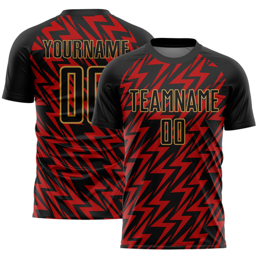 Custom Black Red-Old Gold Lightning Sublimation Soccer Uniform Jersey - Sky-Custom