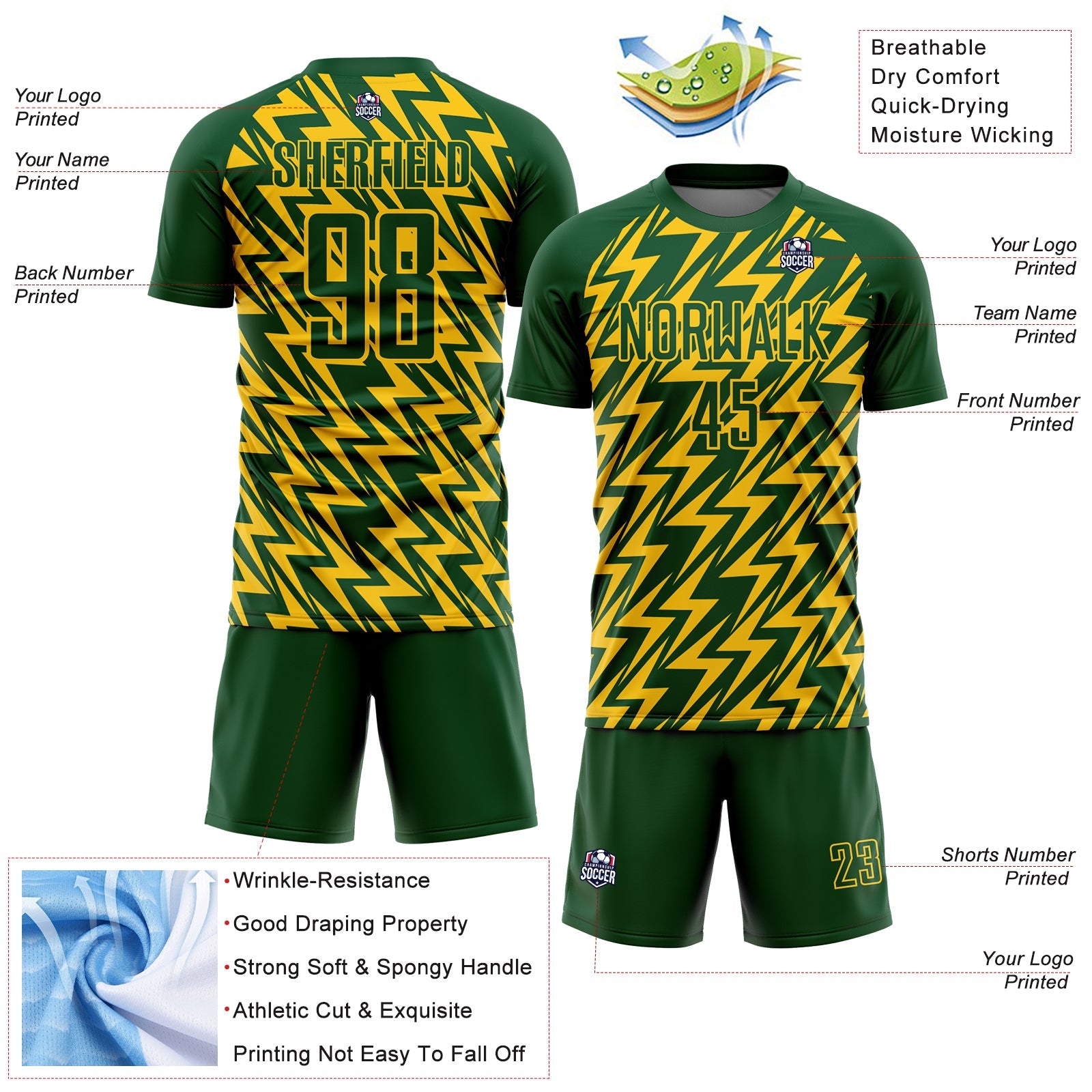 Custom Green Yellow Lightning Sublimation Soccer Uniform Jersey - Sky-Custom