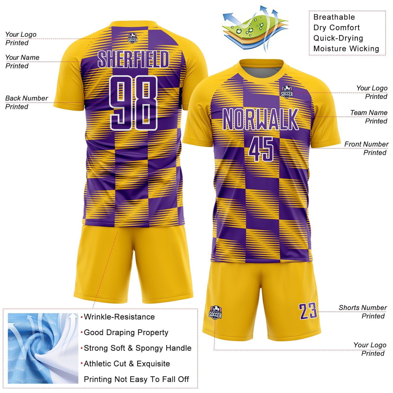 Custom Yellow Purple-White Lines Sublimation Soccer Uniform Jersey - Sky-Custom