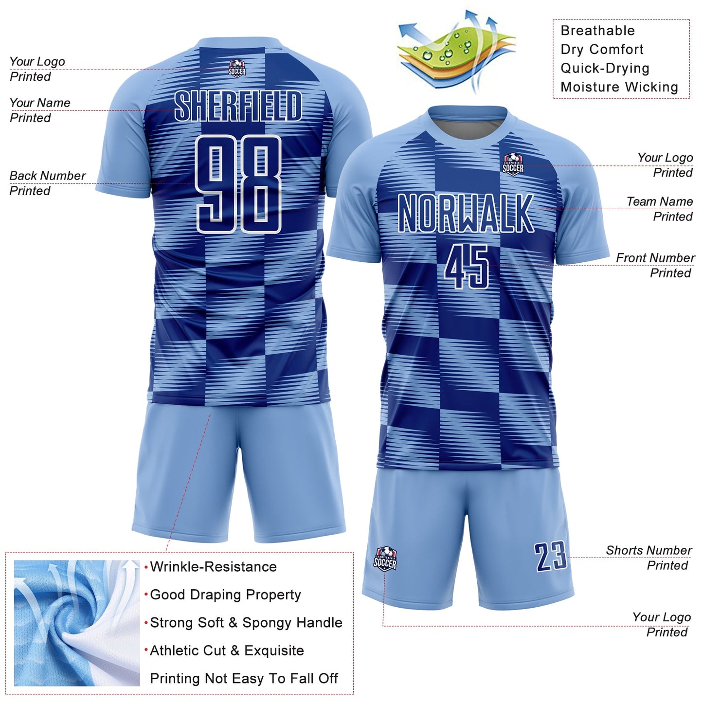 Custom Light Blue Royal-White Lines Sublimation Soccer Uniform Jersey - Sky-Custom