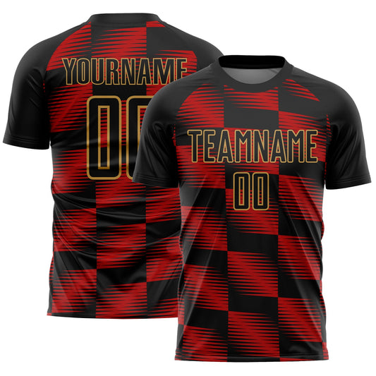 Custom Black Red-Old Gold Lines Sublimation Soccer Uniform Jersey - Sky-Custom