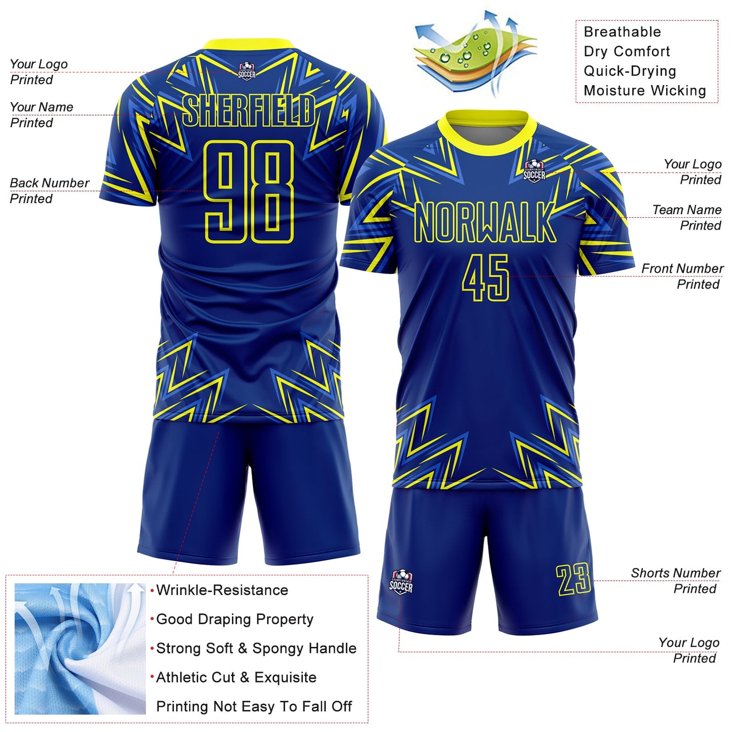 Custom Royal Neon Yellow Geometric Shapes Sublimation Soccer Uniform Jersey - Sky-Custom