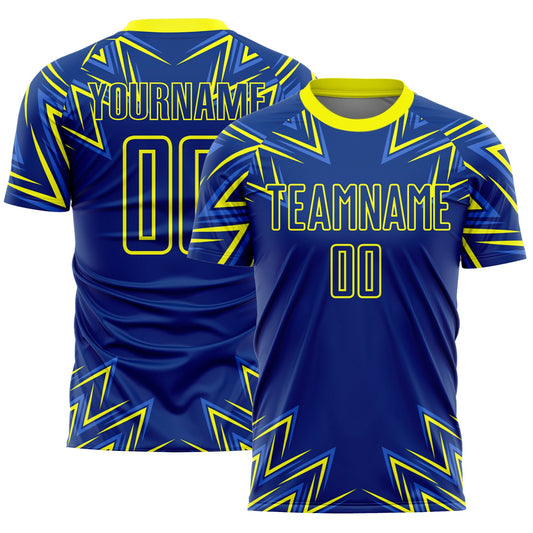 Custom Royal Neon Yellow Geometric Shapes Sublimation Soccer Uniform Jersey - Sky-Custom