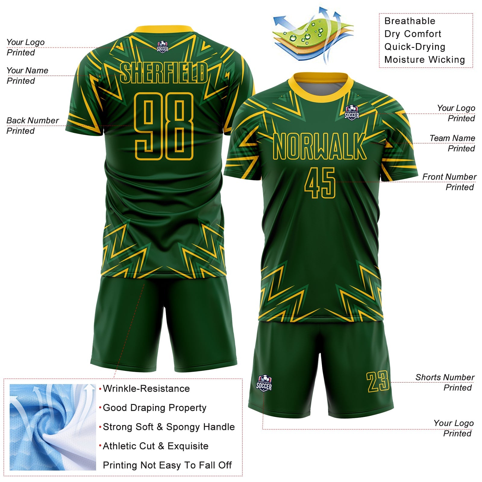 Custom Green Yellow Geometric Shapes Sublimation Soccer Uniform Jersey - Sky-Custom