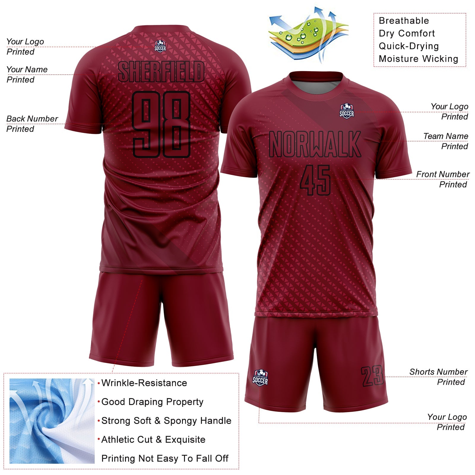 Custom Crimson Black Geometric Shapes Sublimation Soccer Uniform Jersey - Sky-Custom