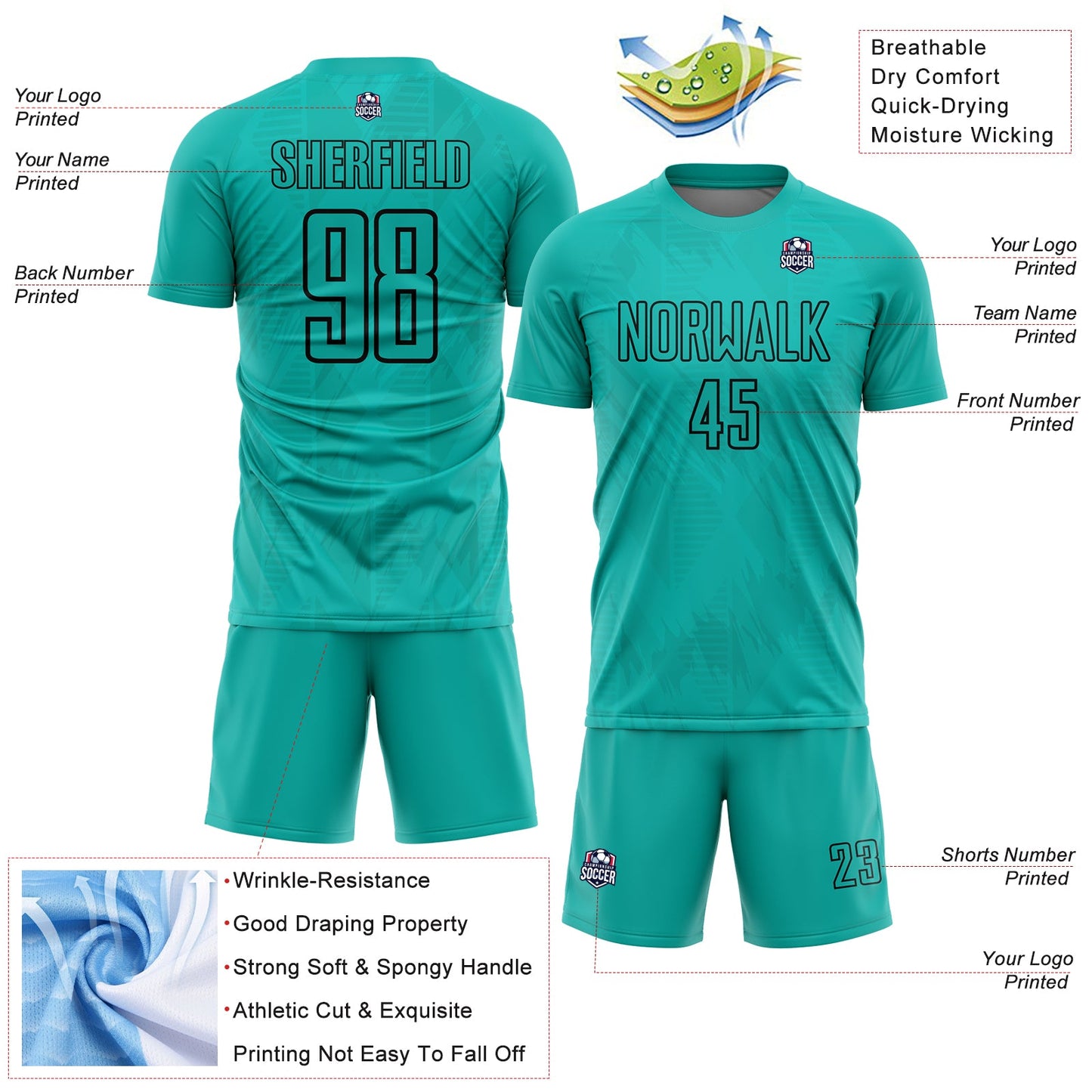 Custom Aqua Black Geometric Shapes Sublimation Soccer Uniform Jersey - Sky-Custom