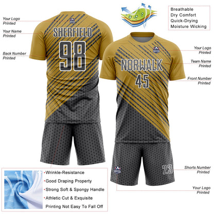 Custom Old Gold Steel Gray White Diagonal Lines Sublimation Soccer Uniform Jersey - Sky-Custom