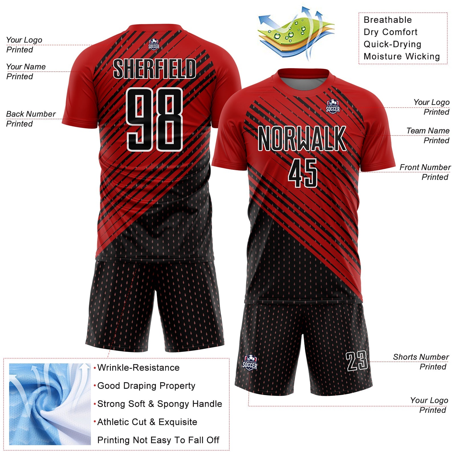 Custom Red Black-White Diagonal Lines Sublimation Soccer Uniform Jersey - Sky-Custom