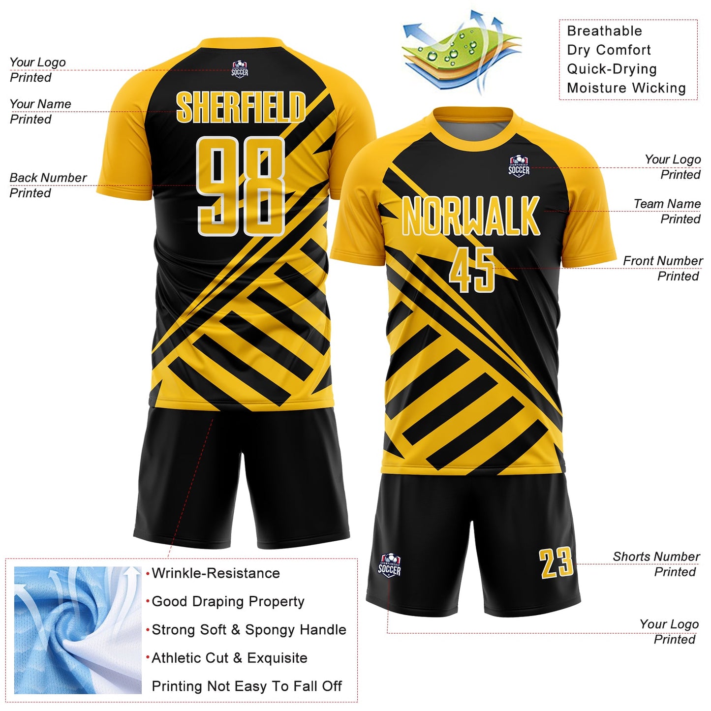 Custom Black Gold-White Lines Sublimation Soccer Uniform Jersey - Sky-Custom