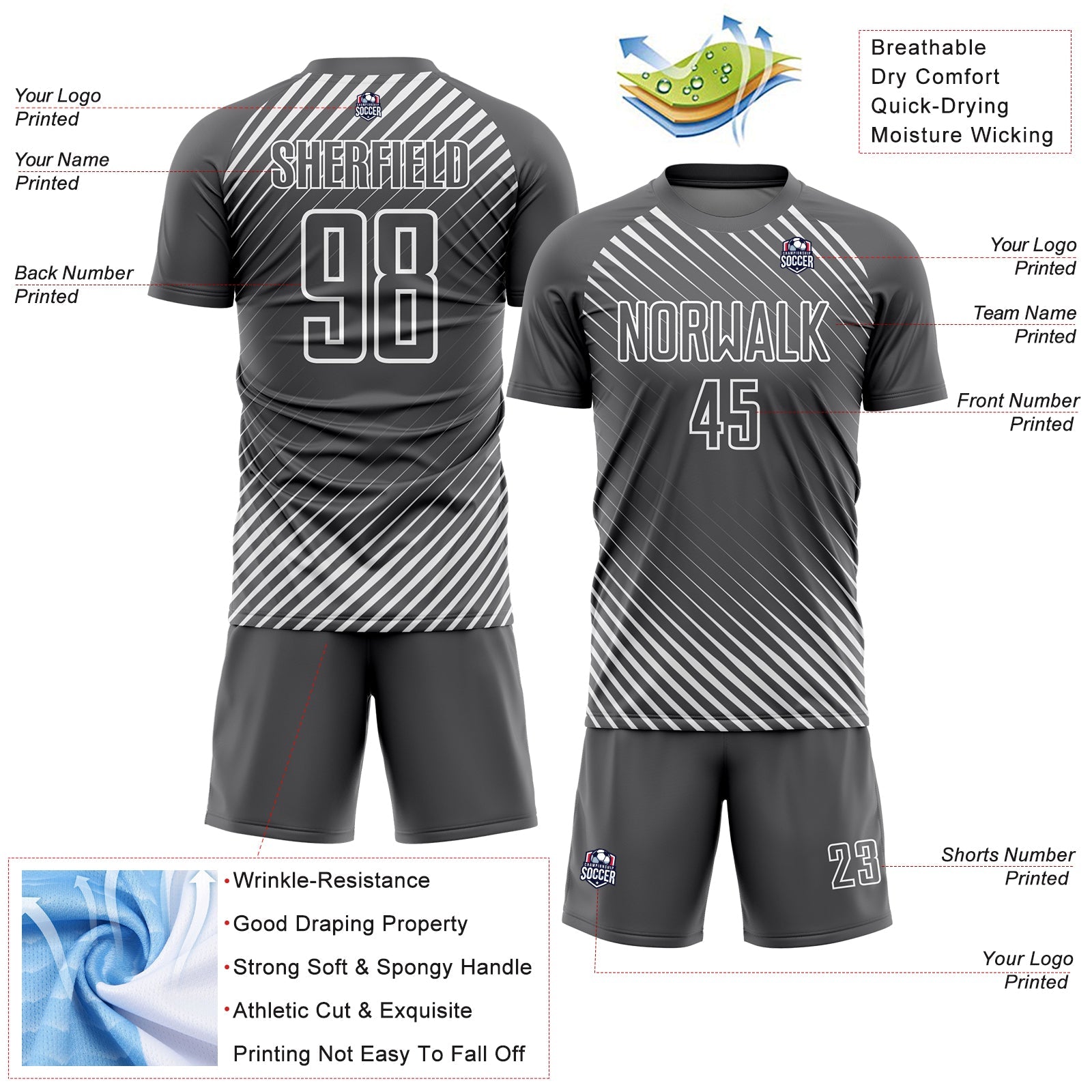 Custom Steel Gray White Diagonal Lines Sublimation Soccer Uniform Jersey - Sky-Custom