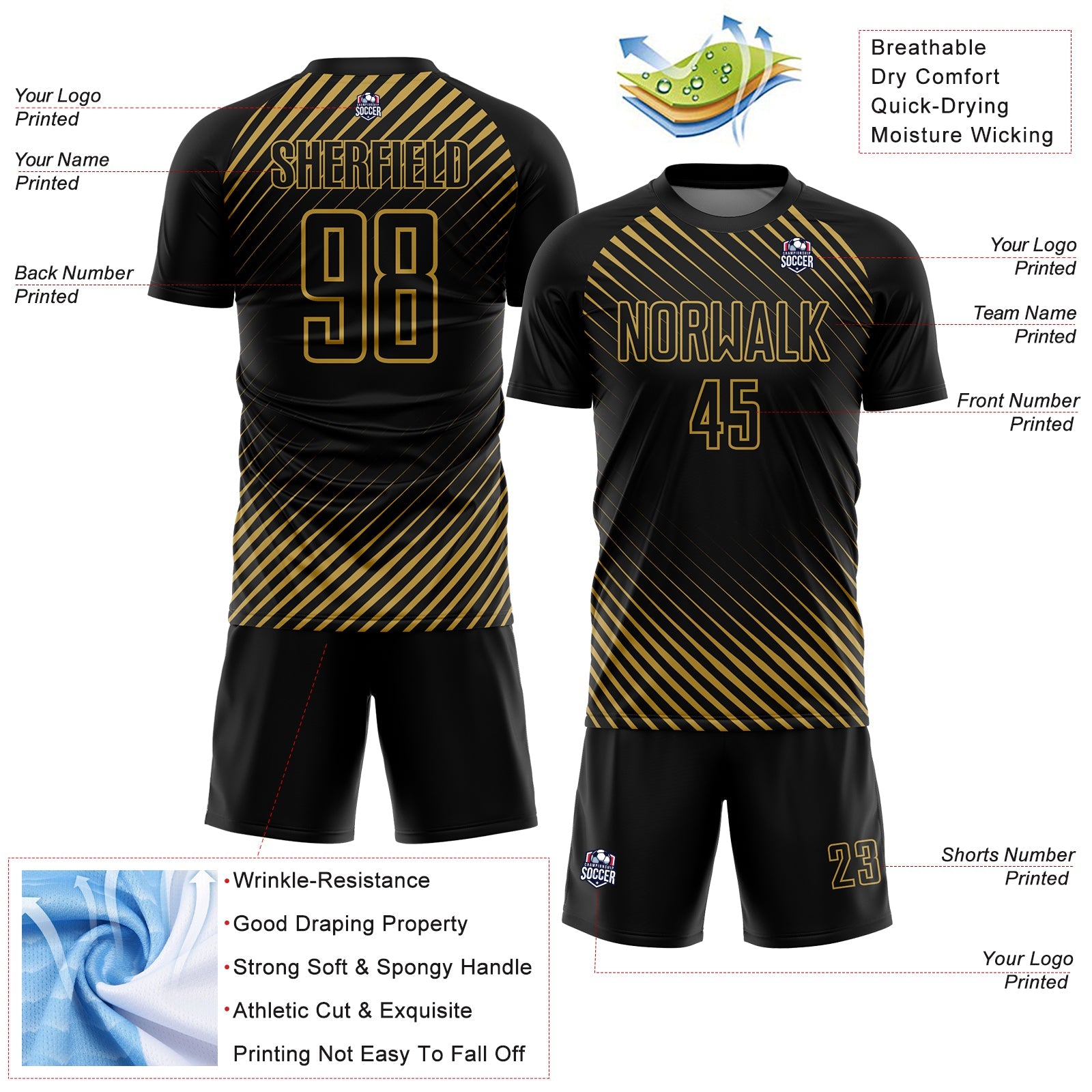 Custom Black Old Gold Diagonal Lines Sublimation Soccer Uniform Jersey - Sky-Custom