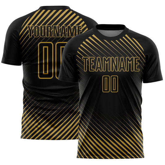 Custom Black Old Gold Diagonal Lines Sublimation Soccer Uniform Jersey - Sky-Custom