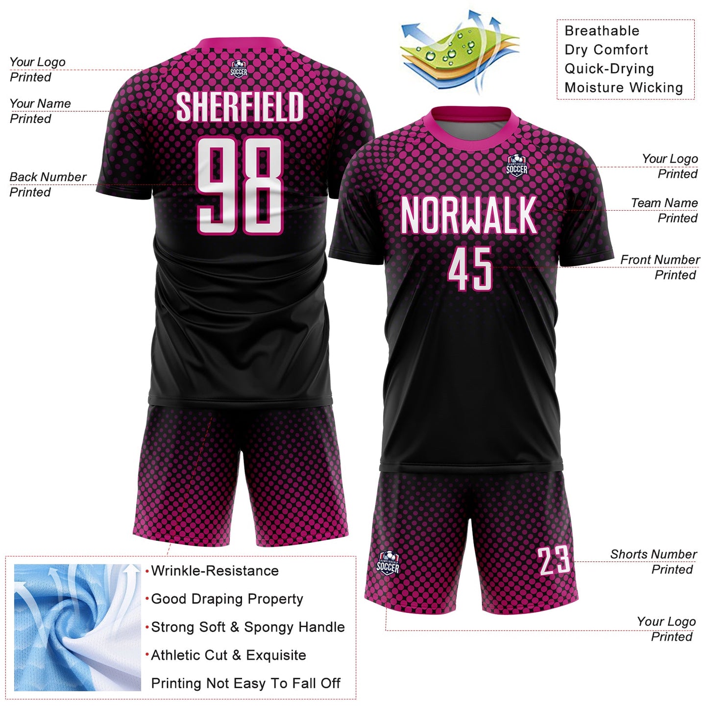 Custom Black White-Deep Pink Halftone Dots Sublimation Soccer Uniform Jersey - Sky-Custom