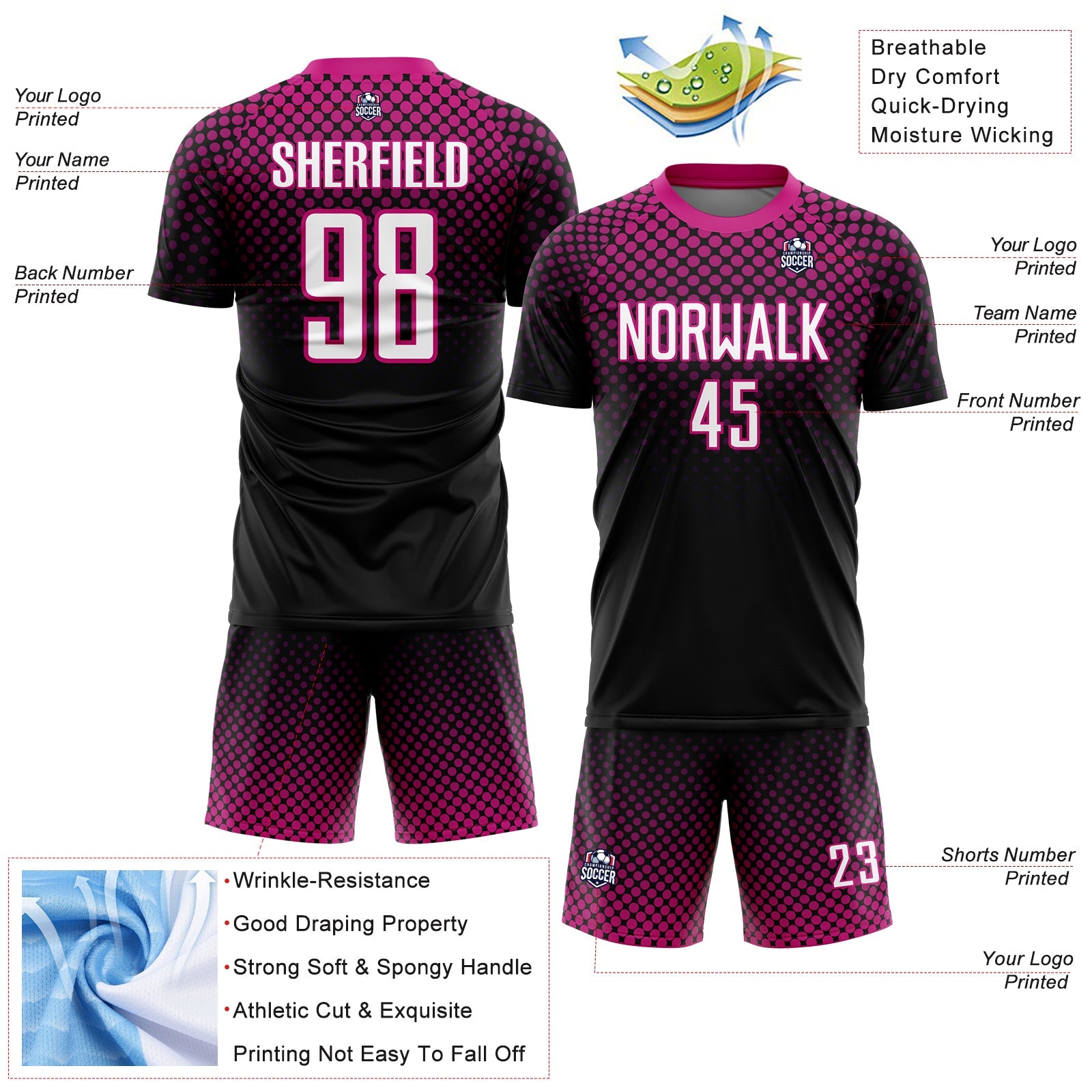 Custom Black White-Deep Pink Halftone Dots Sublimation Soccer Uniform Jersey - Sky-Custom