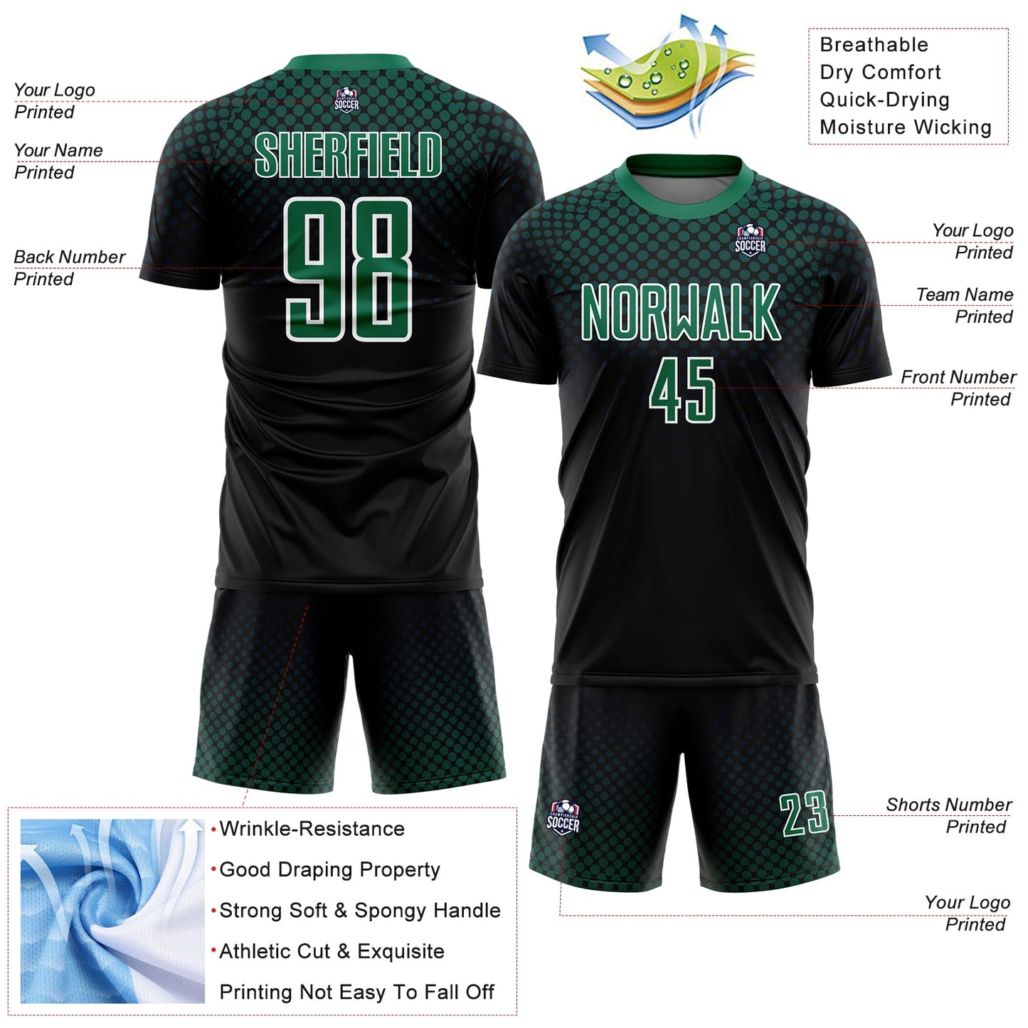 Custom Black Kelly Green-White Halftone Dots Sublimation Soccer Uniform Jersey - Sky-Custom
