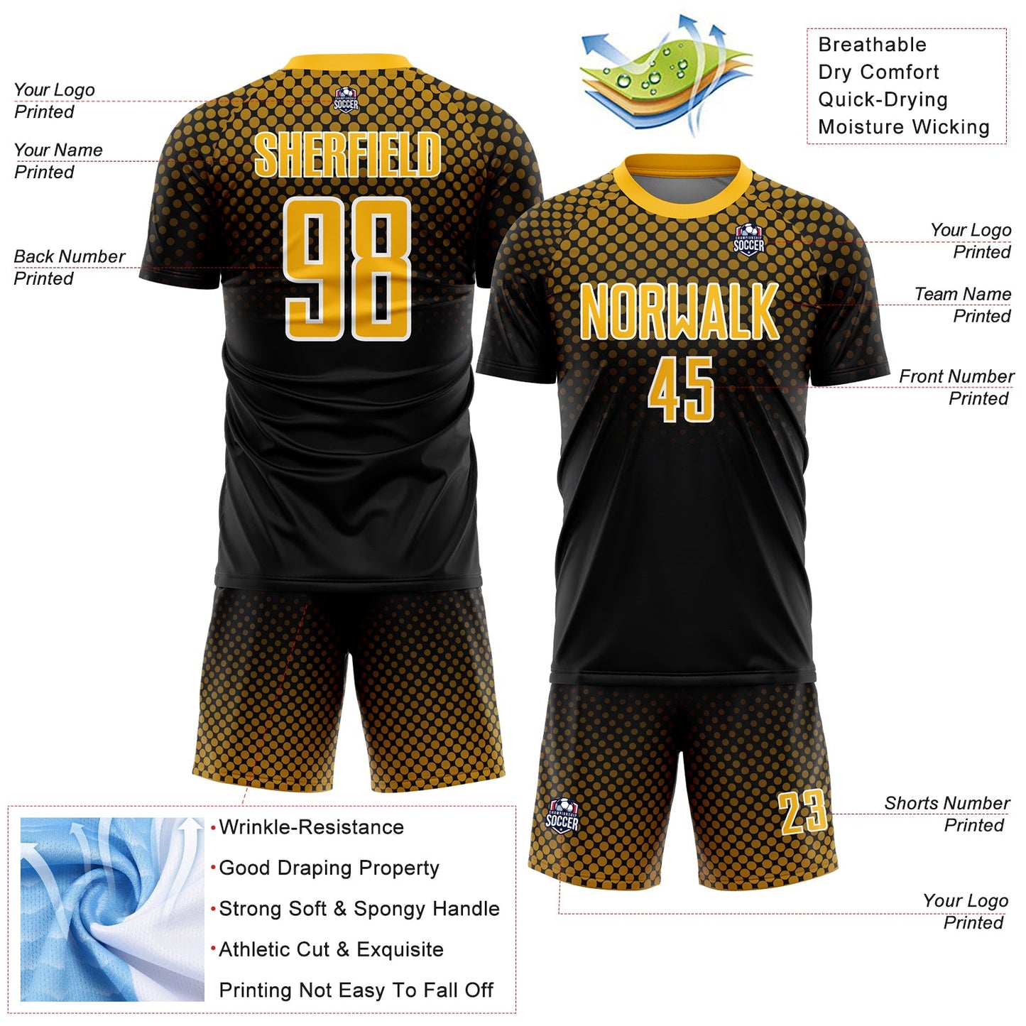 Custom Black Gold-White Halftone Dots Sublimation Soccer Uniform Jersey - Sky-Custom