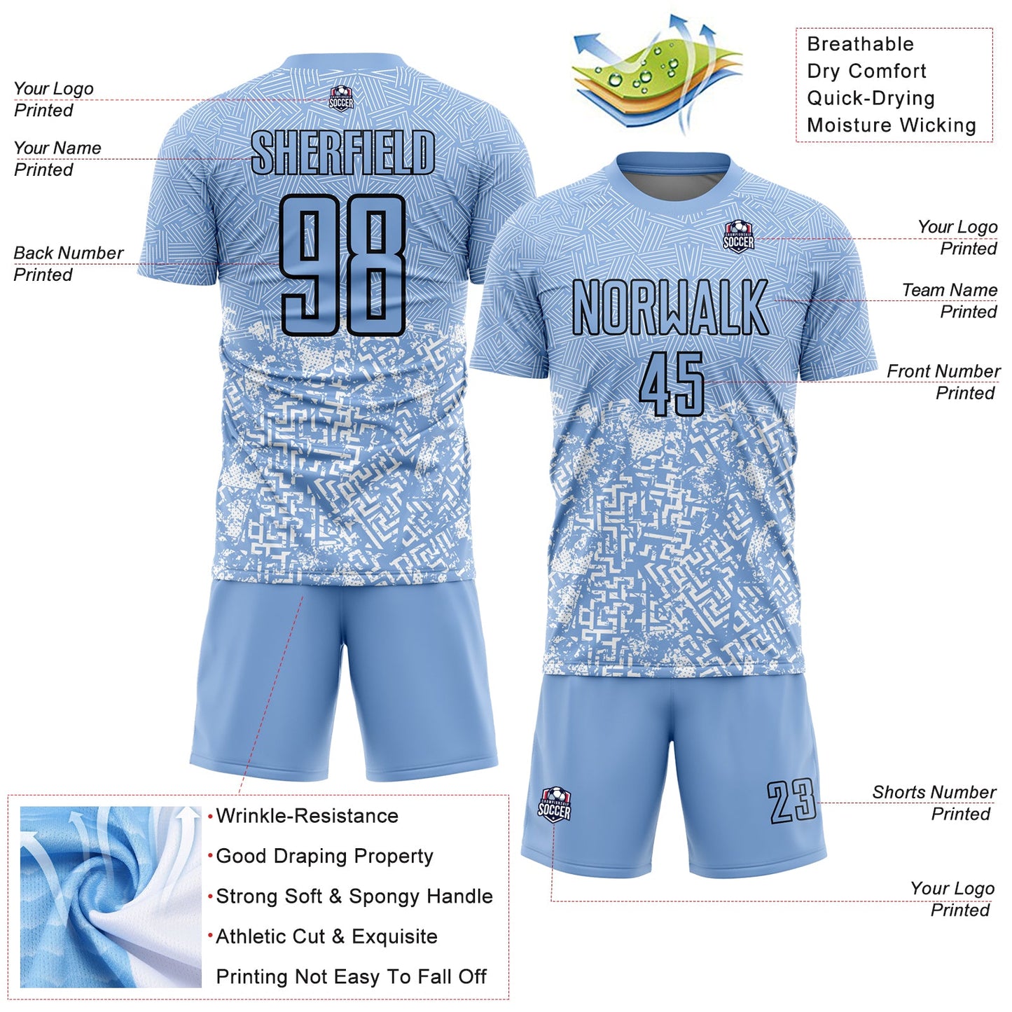 Custom Light Blue Black Geometric Shapes Sublimation Soccer Uniform Jersey - Sky-Custom