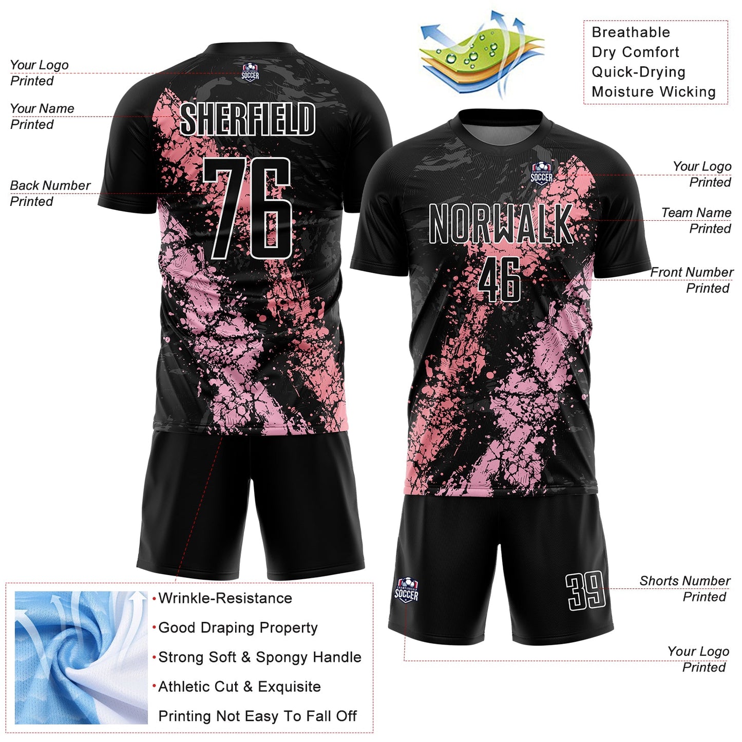 Custom Black Light Pink-Medium Pink Dripping Splatter Art Sublimation Soccer Uniform Jersey - Sky-Custom