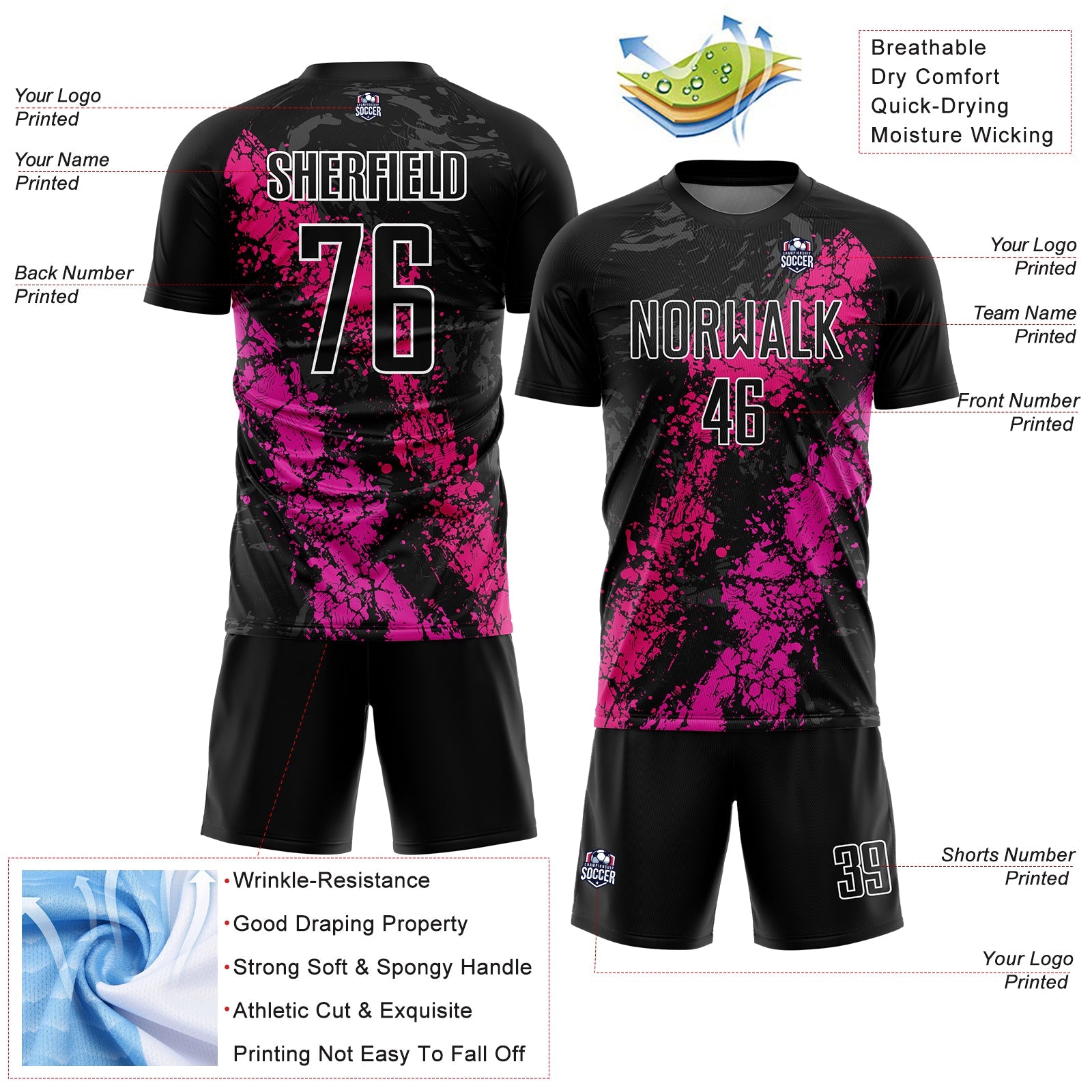 Custom Black Hot Pink-Deep Pink Dripping Splatter Art Sublimation Soccer Uniform Jersey - Sky-Custom
